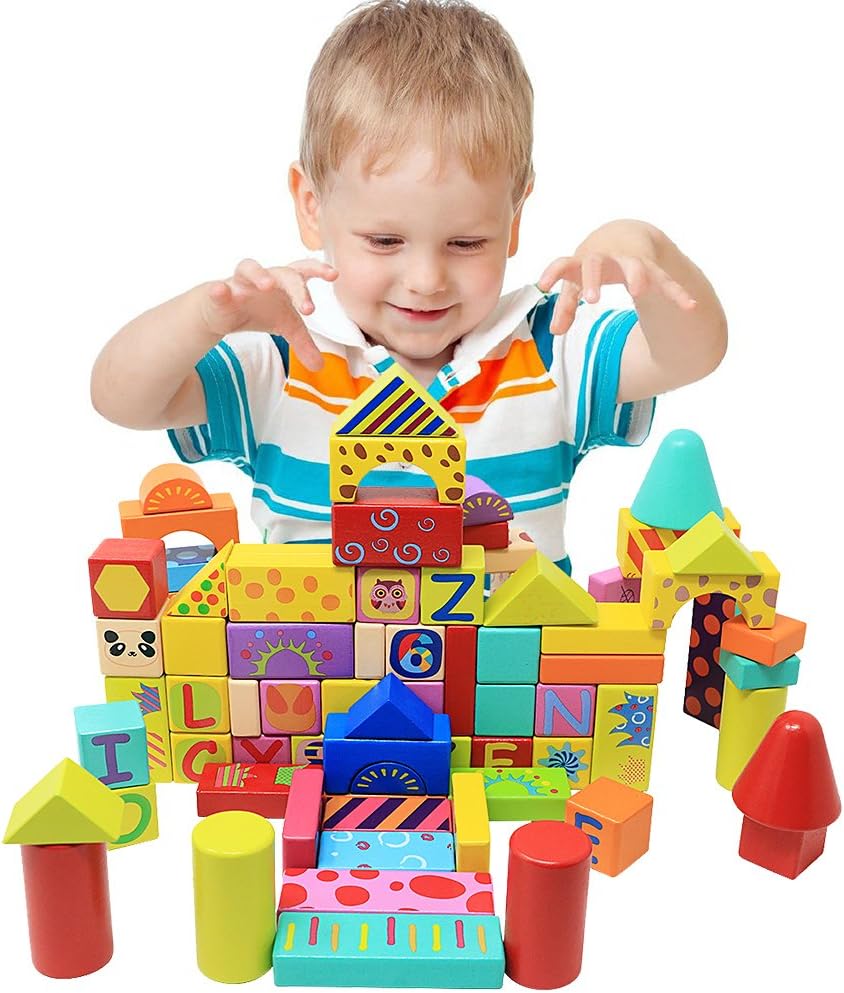 NEOWOWS 121 Pieces Wooden Building Blocks Shape Sort Alphabet Number Stacking Games Wood Blocks Construction Toys Includes 41 Pieces Dominoes with Carrying Bag Educational Toys for Kids