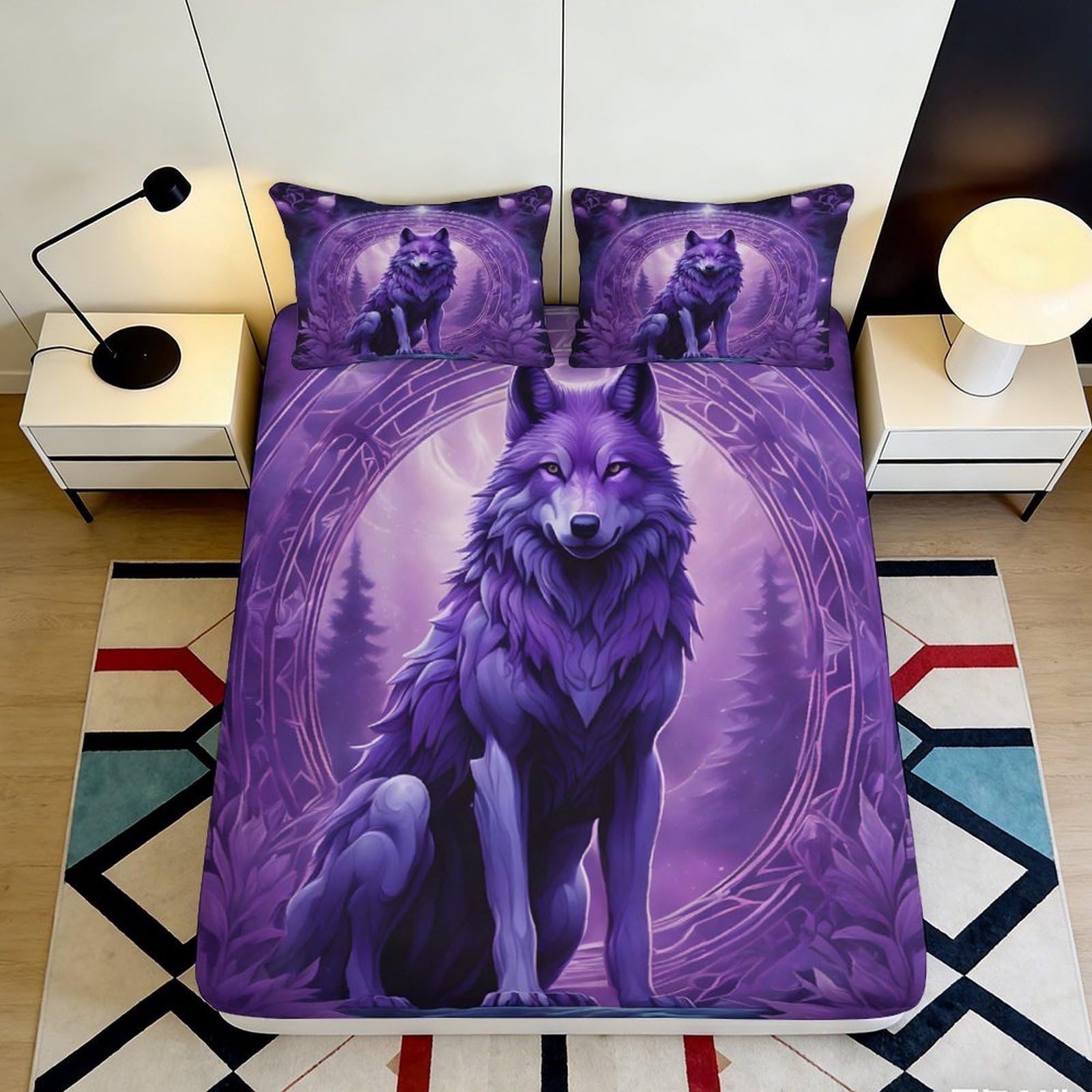Kzqjxnhpcr Style-9 3D Printed Purple Wolf Design Fitted Sheet Microfiber Deep Pocket Non-Slip Bedroom Bedding Purple Wolf Mattress Fitted Cover Washable 90X200x25cm 90X200x25cm