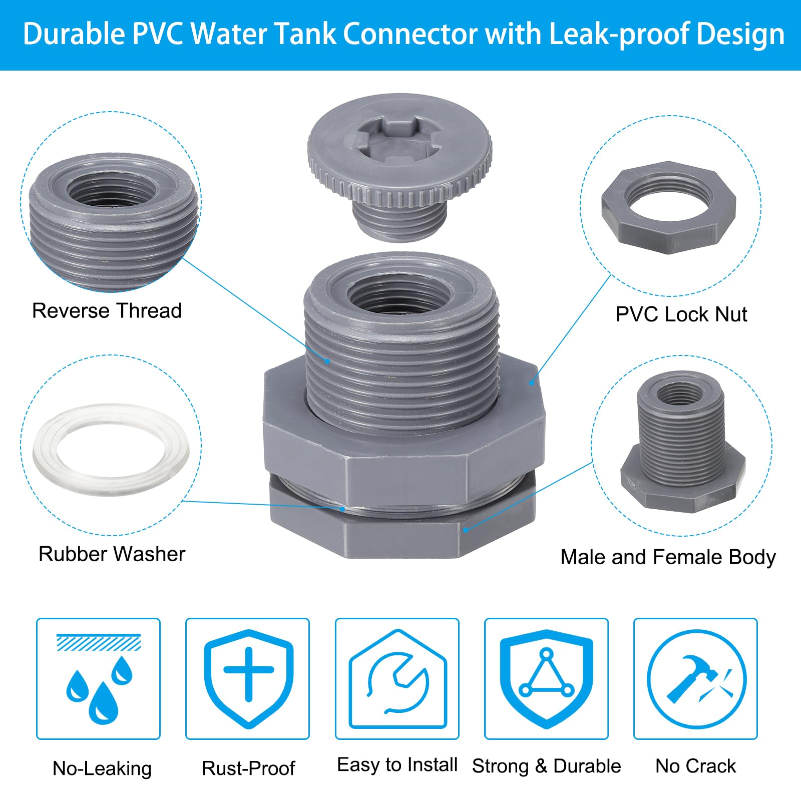 PATIKIL PVC Bulkhead Fitting with Plug NPT1/2 - Image 3