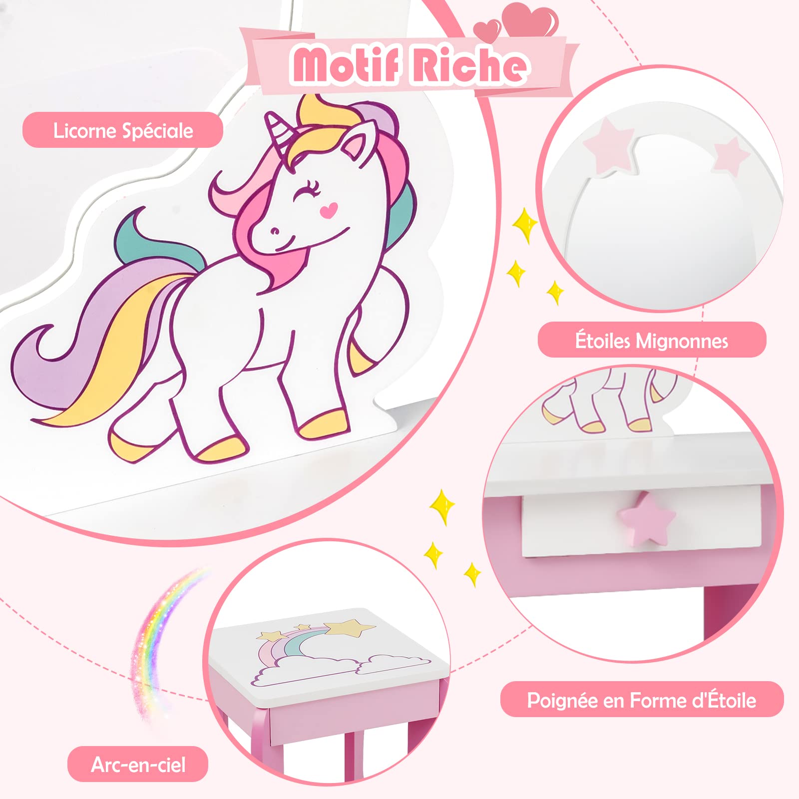 GOPLUS Coiffeuse Enfant Fille, Table de Maquillage avec Tabouret et Miroir Amovible, Table Fille Motif Licorne avec Tiroir, Bureau Coiffeuse, Chambre d’Enfant,49X34X89,5CM (Rose)