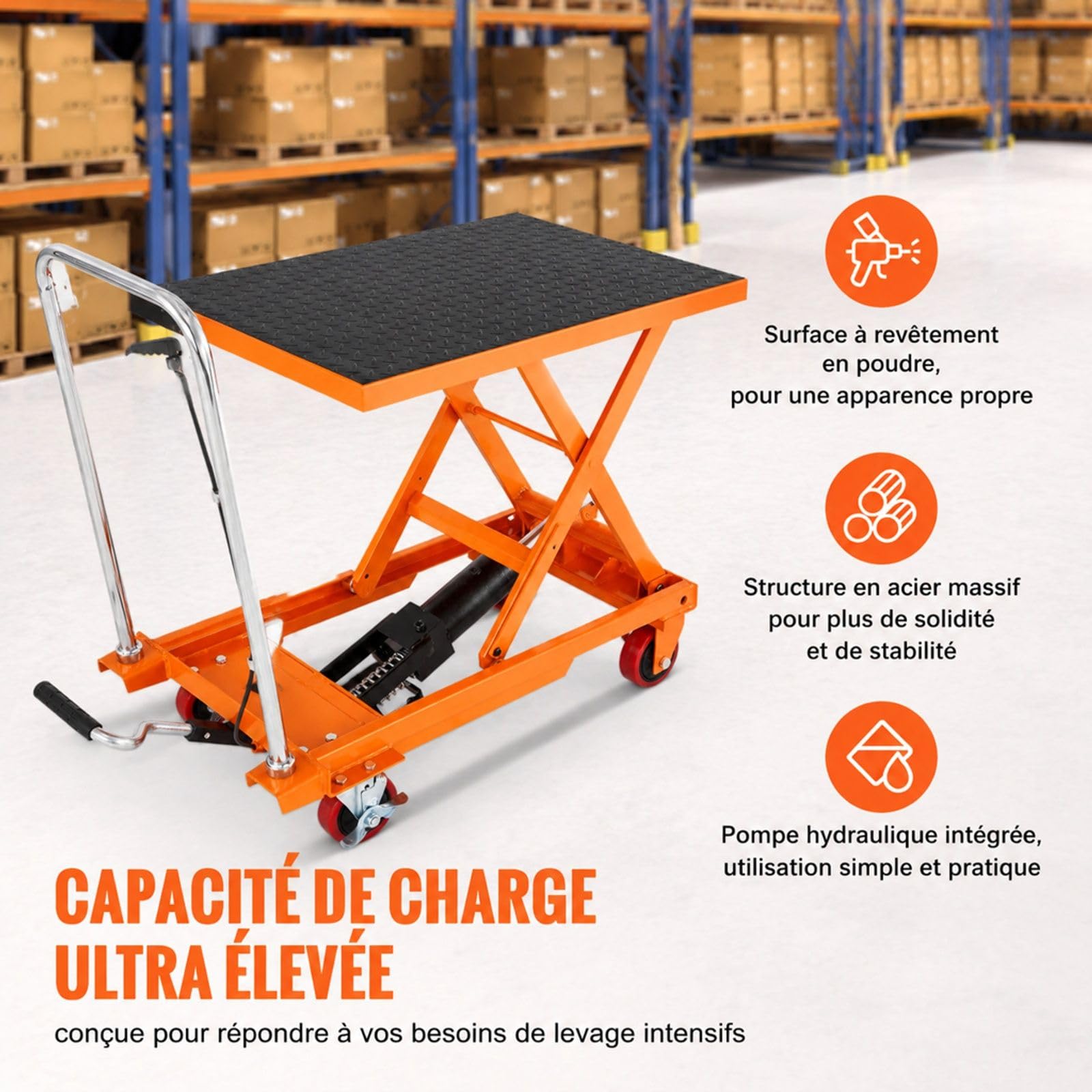 Chariot à table élévatrice hydraulique manuel orange, structure à ciseaux simples en acier Q235, charge 230 kg, 4 roues pour atelier et entrepôt