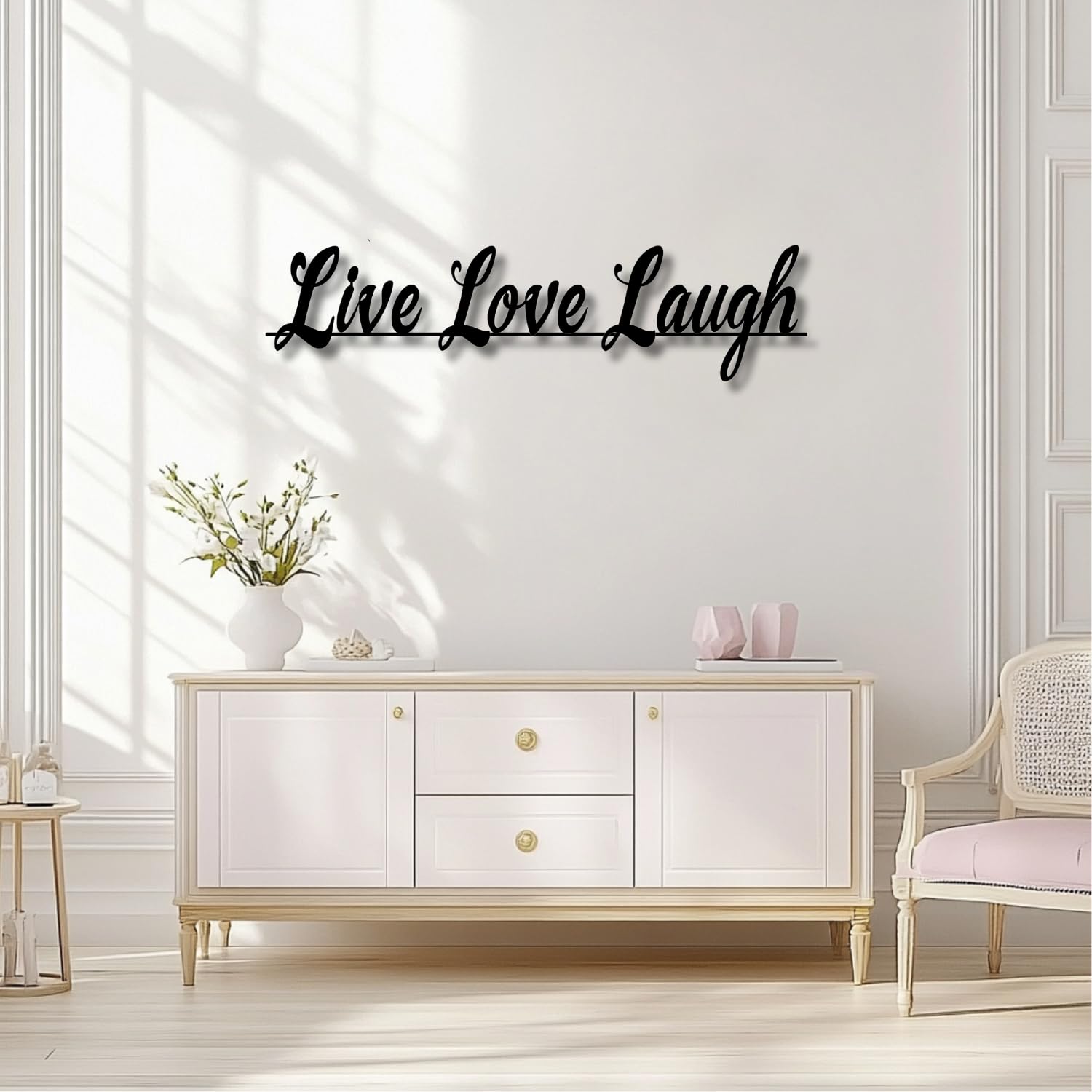 Nowoczesna minimalistyczna metalowa dekoracja ścienna, słowa "Live Love Laugh", "modem domowy", "salon" i "sypialnia" (czarny, 105 x 35 cm, bez ramki)
