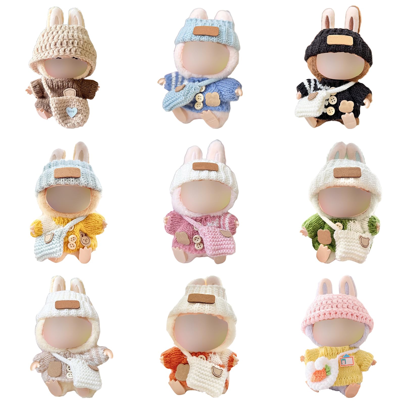 Ensemble Tricot Main 3 Pièces Pour Poupée Labubu 17cm - Pull Lapin, Chapeau Et Sac - Tenue Chic