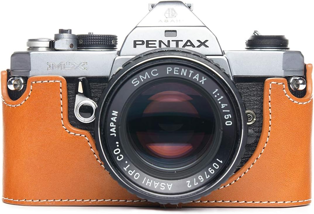 Pentax MX ME Case, BolinUS Handmade Genuine Real Leather Half Camera Case Bag Cover for Pentax MX ME Camera with Hand Strap (Yellow)