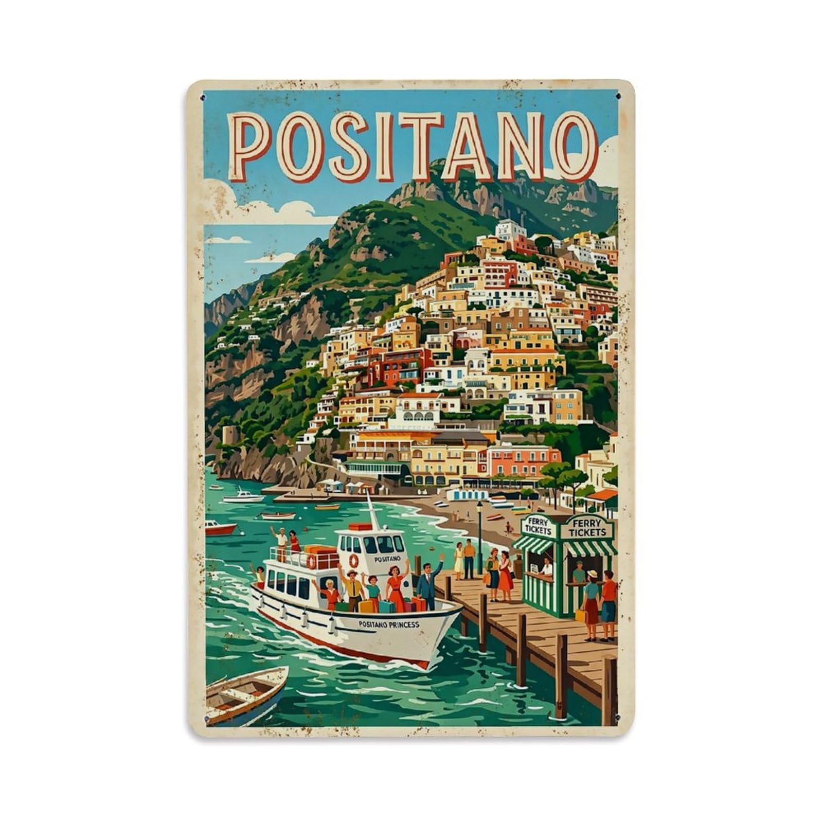 Huiyhb 8X12inch(20X30cm) Vintage Travel Positano Italy Ferry Pier Arrival Metal Tin Sign