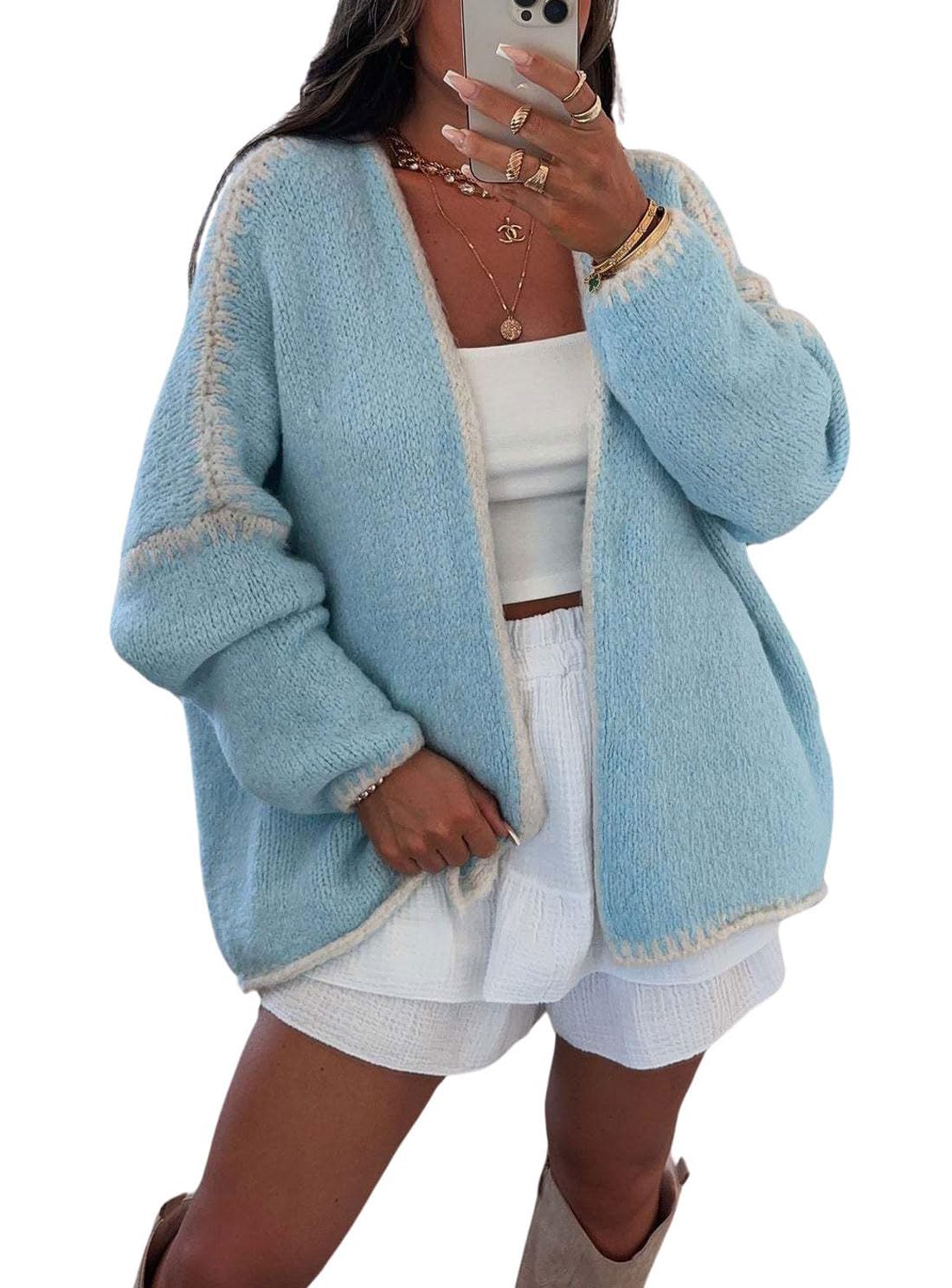 chouyatou Women Fall Open Front Color Block Cardigan Sweater Casual Striped Chunky Knit Oversized Cardigan