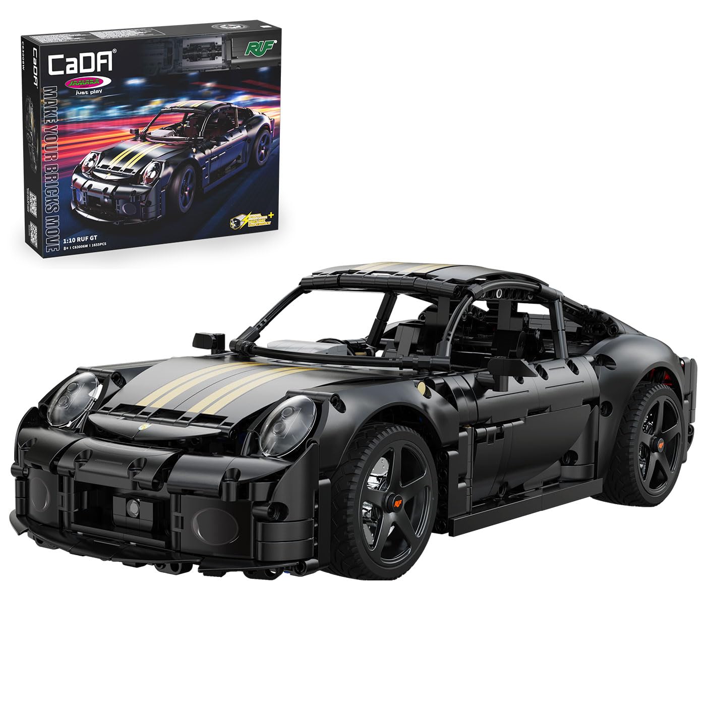 JAMARA 402874 CADA RUF GT 1:10 Bricks, zabawkowy samochód, model samochodu, wyścigowy samochód sportowy dla dzieci od 8 lat, pomysł na prezent dla dzieci, wierny design, ręczne otwieranie i zamykanie