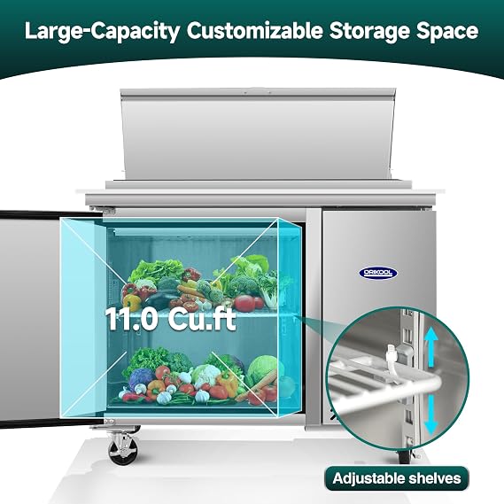 44 Commerical Pizza-Sandwich Prep Table Refrigerator - One Door Stainless Steel Refrigerator, 11 Cu.ft Capacity, Low Noise, Adjustable Shelves, Auto Defrost, Digital Temp Control