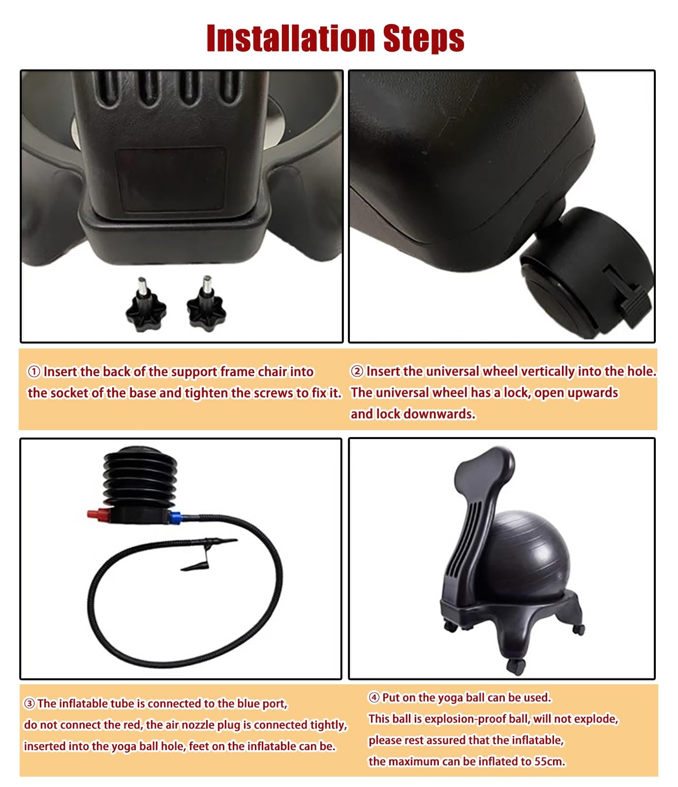 Très Épais Chaise Boule de Yoga pour Le Bureau, Chaises de Bureau avec Ballon d'exercice pour Soulager Les Douleurs Lombaires, Support Ergonomique Kit de Chaise à Bille D'équilibre