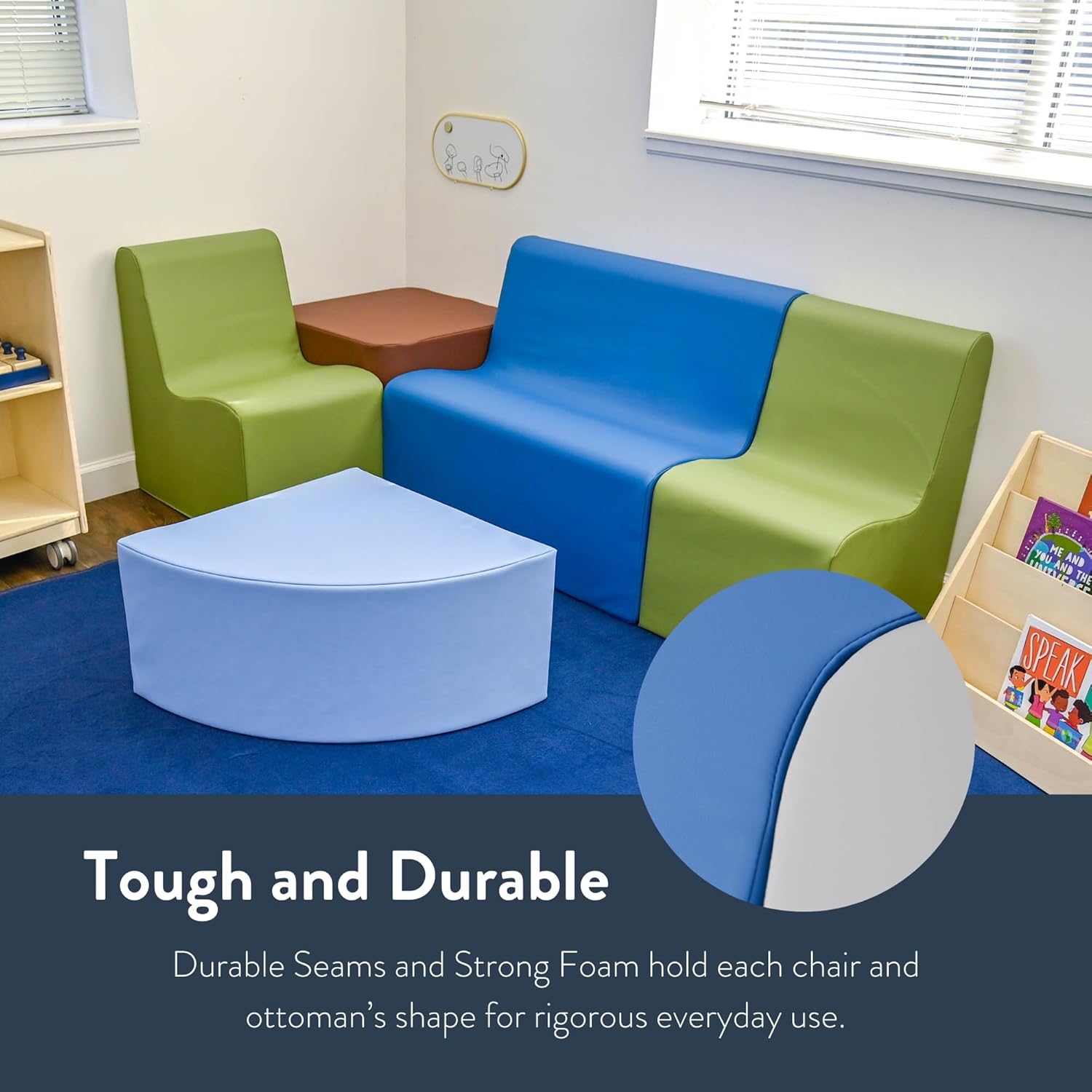 Children's Factory Medium Contour Sofa, Mix-and-Match Kids Chairs, Sofas, Corner Ottomans and Cubes, Foam-Filled and Water-Resistant, Flexible Seating for Classroom Elementary, Aqua Kids Couch