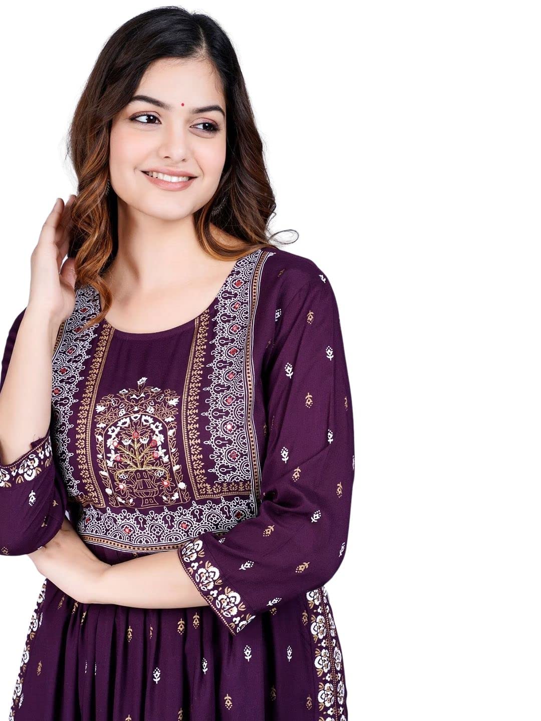rytras Women's Rayon Printed Purple Nayra Cut Flared Kurta 4