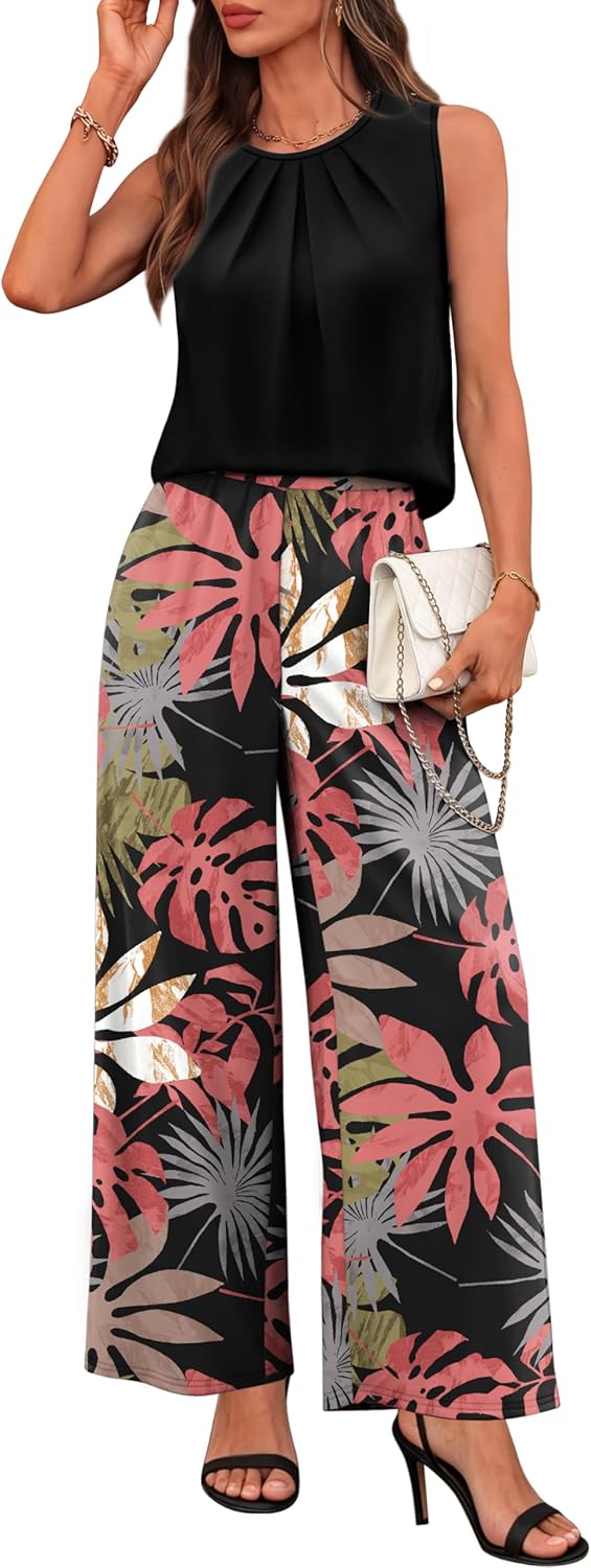 WIHOLL Two Piece Sets for Women Summer Outfits Cruise Travel Airport Beach Vacation Casual Wide Leg Pants Set