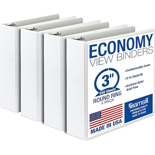 Samsill 3 Inch 3 Ring Binders, Economy Round Ring, Clear View Cover, 550 Sheet Capacity - for School, Home, Office - White, 4 Pack