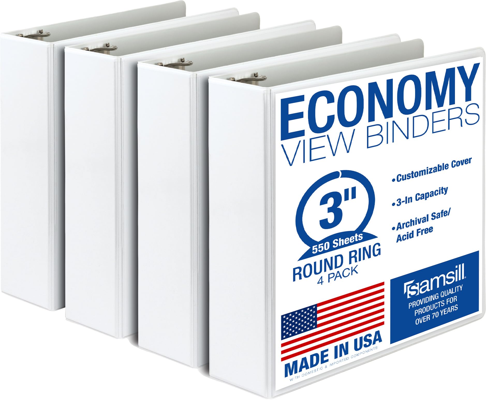 Photo 1 of Samsill 3 Inch 3 Ring Binders, Economy Round Ring, Clear View Cover, 550 Sheet Capacity - for School, Home, Office - White, 4 Pack