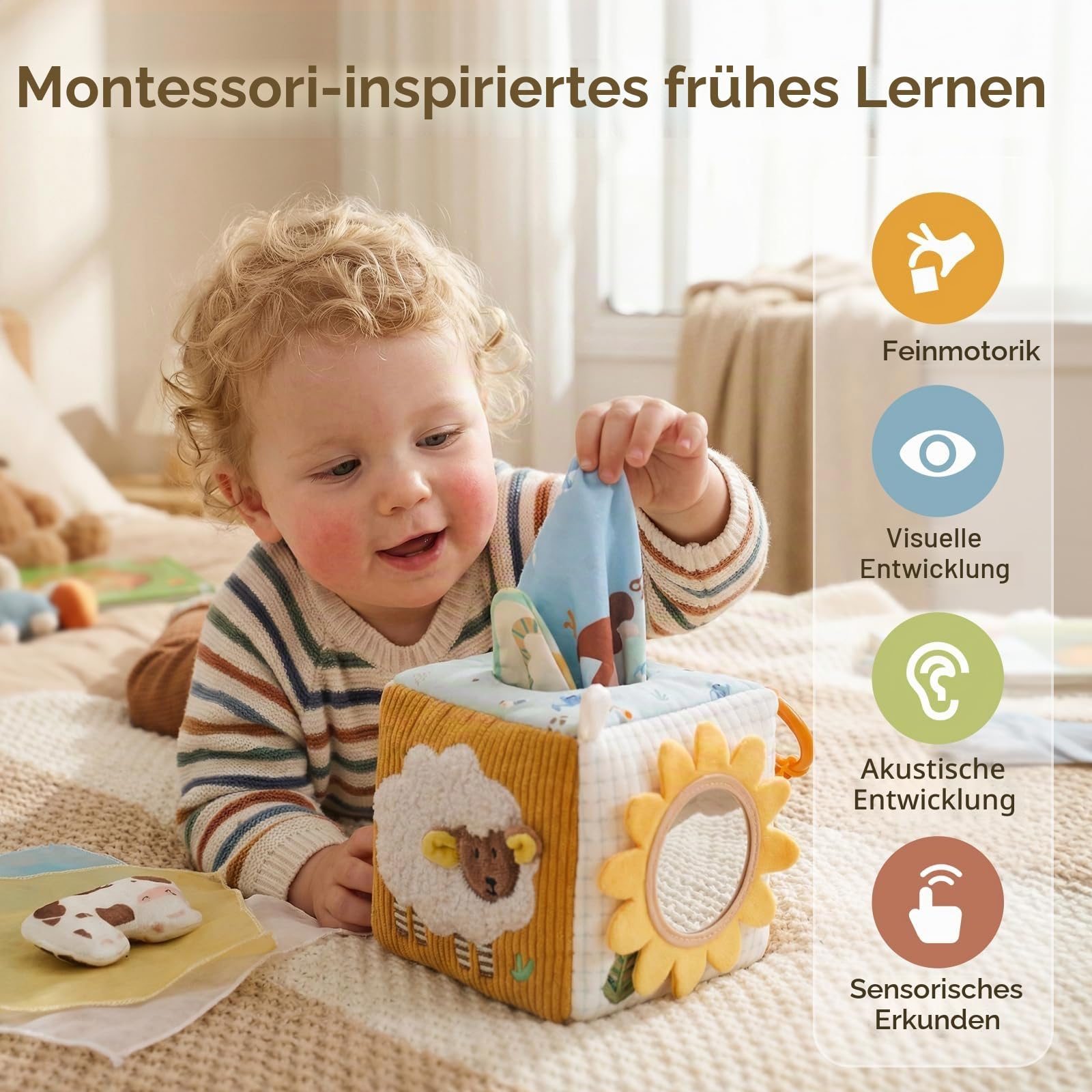 let's make Baby Taschentuchbox Spielzeug, Montessori Sensorik Spielzeug ab 6 9 12 Monaten, Bauernhof Activity-Box Motorikspielzeug mit Knisterpapier, Spiegel & Reiseclip, Geschenke für Mädchen Jungen