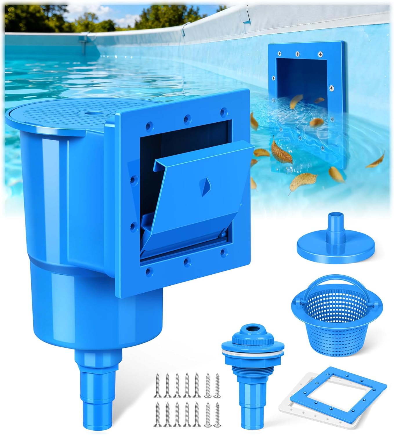 BluSwim Standard Wide Mouth Pool Skimmer for Above Ground Pools, Heavy Duty ABS Through Wall Pool Skimmers with Return Jet & Vacuum Plate, Thru-wall Skimmer Kit Compatible with 6'' Openings-Dark Blue
