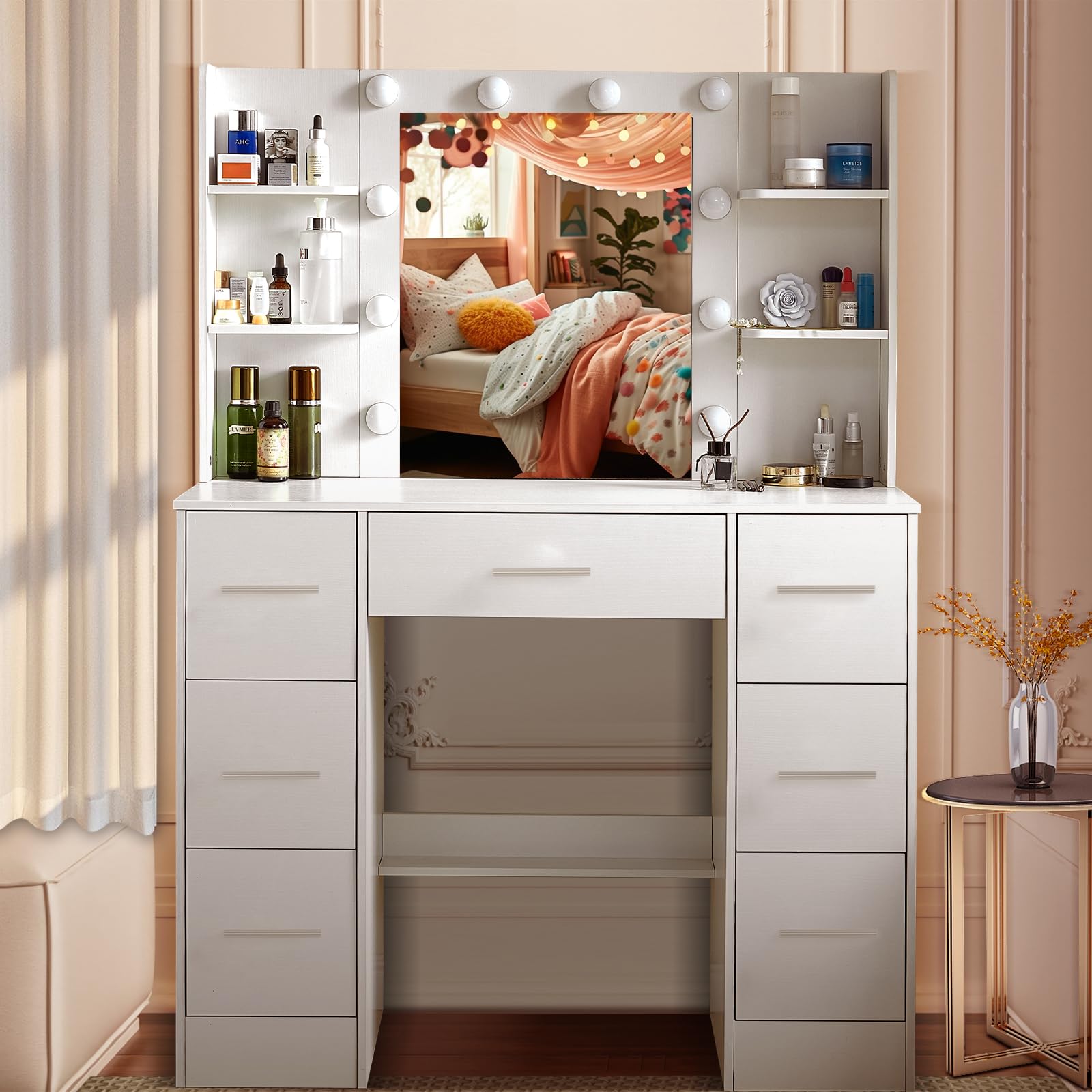 Umeiga 100x140 cm White Dressing Table, Makeup Vanity with Large Lighted Mirror and 10 LED Lights, 7 Large Drawers, 3 Lighting Modes, Vanity Dressing Table for Bedroom, White