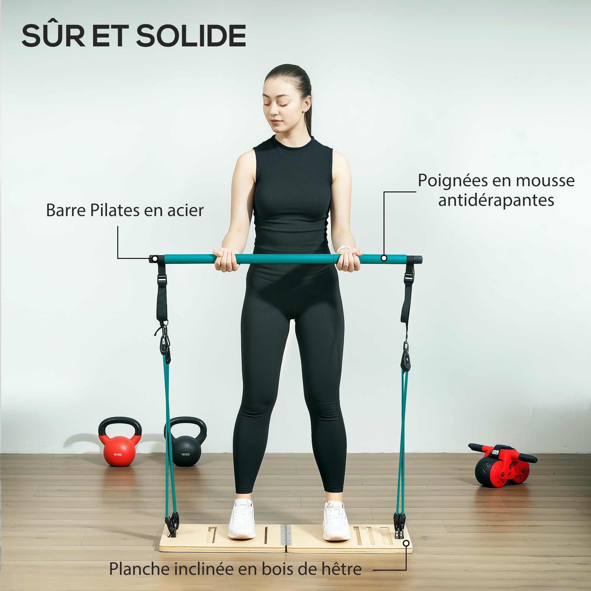 SPORTNOW Zestaw drążków do pilatesu i 6 pasków oporowych z regulowaną deską nachyloną, sprzęt treningowy Pilates do domu, niebieski