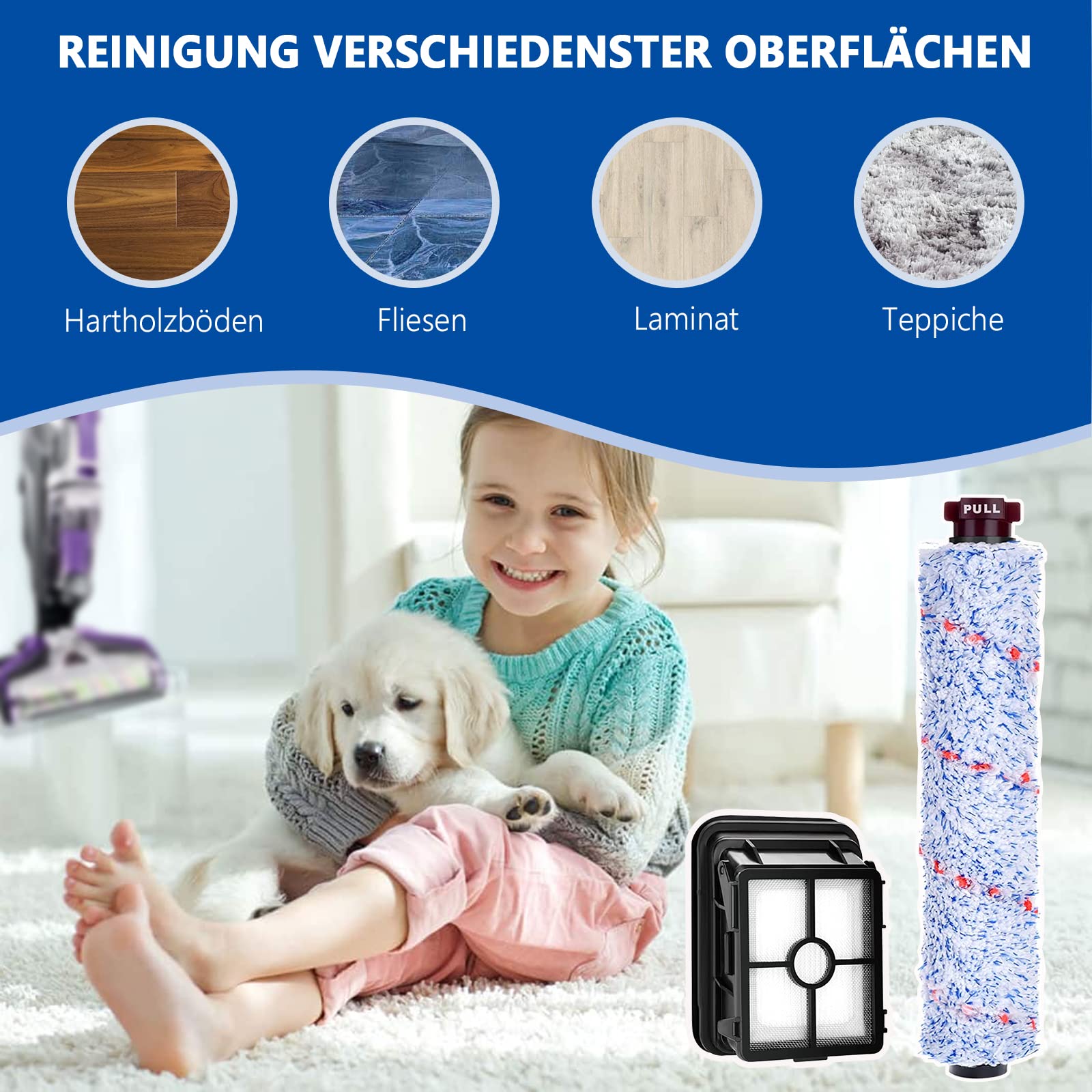 3 Multi Surface Bürstenrollen für Bissell Crosswave 17132 2225N Serie, mit 2 Vakuum Filter und 1 Reinigungsbürste, 3-in-1 Bissell Zubehör Crosswave für 1785 2306 2305 Serie