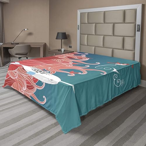 Ambesonne Narwhal - Sábana encimera decorativa, diseño de dibujos con pájaros de ballena ártico y arreglo floral, suave, cómoda y cómoda, 1 unidad,