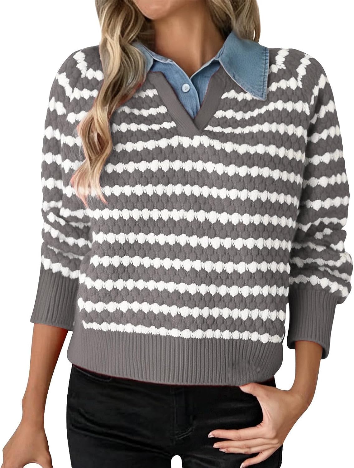 Womens Striped Cable Knit Sweater Fall Long Sleeve Crew Neck Pullover Tops Fall Fashion Clothes Winter Outfits