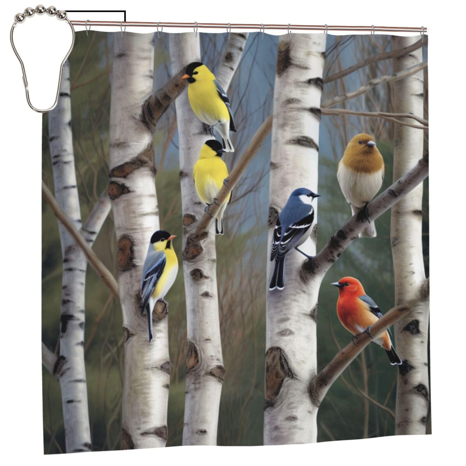 BWWHCCTI birds in birch tree Printed Shower Curtain With 12 Iron Hooks Opaque Quick Drying Waterproof Shower Curtains Sets For Bathroom 183x183 CM