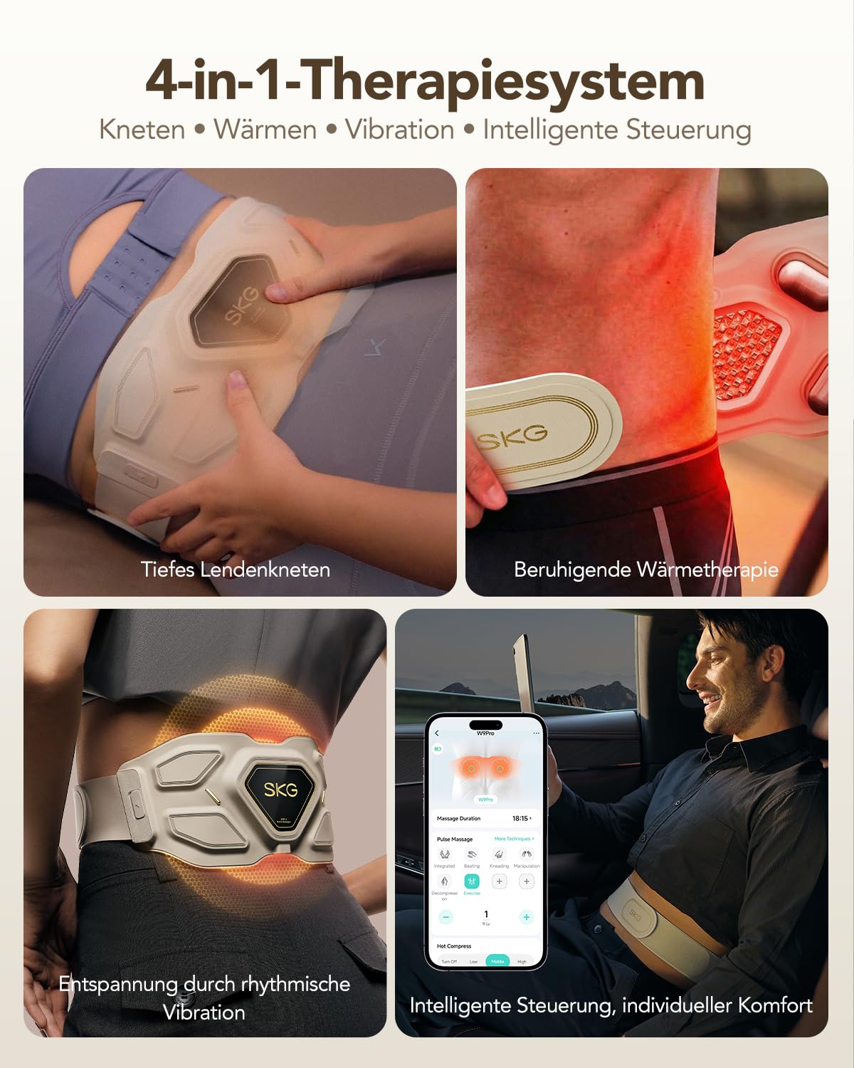 SKG® Das Original kabelloser Massagegürtel mit Wärme für den unteren Rücken – tragbar & verstellbar, Puls- und Vibrationsmassage zur aktiven Muskelentspannung, Geschenk für Mama Damen Herren, W9 Pro