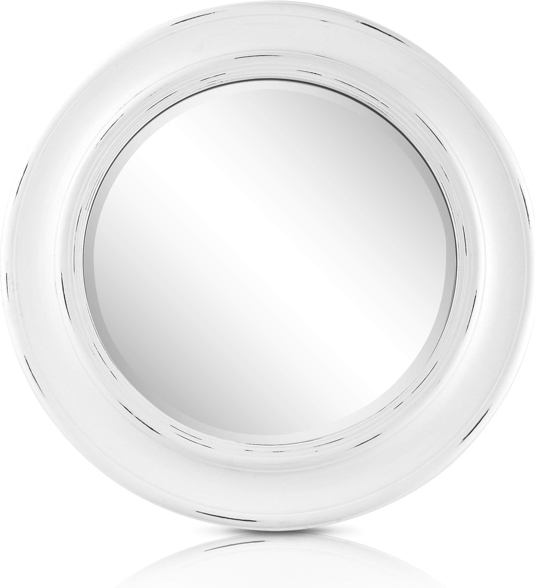 Shabby Chic Wall Mirror - Large - Round 66 Centimetres - Bathroom Lounge Hallway - Rustic Country Style - Distressed Vintage White