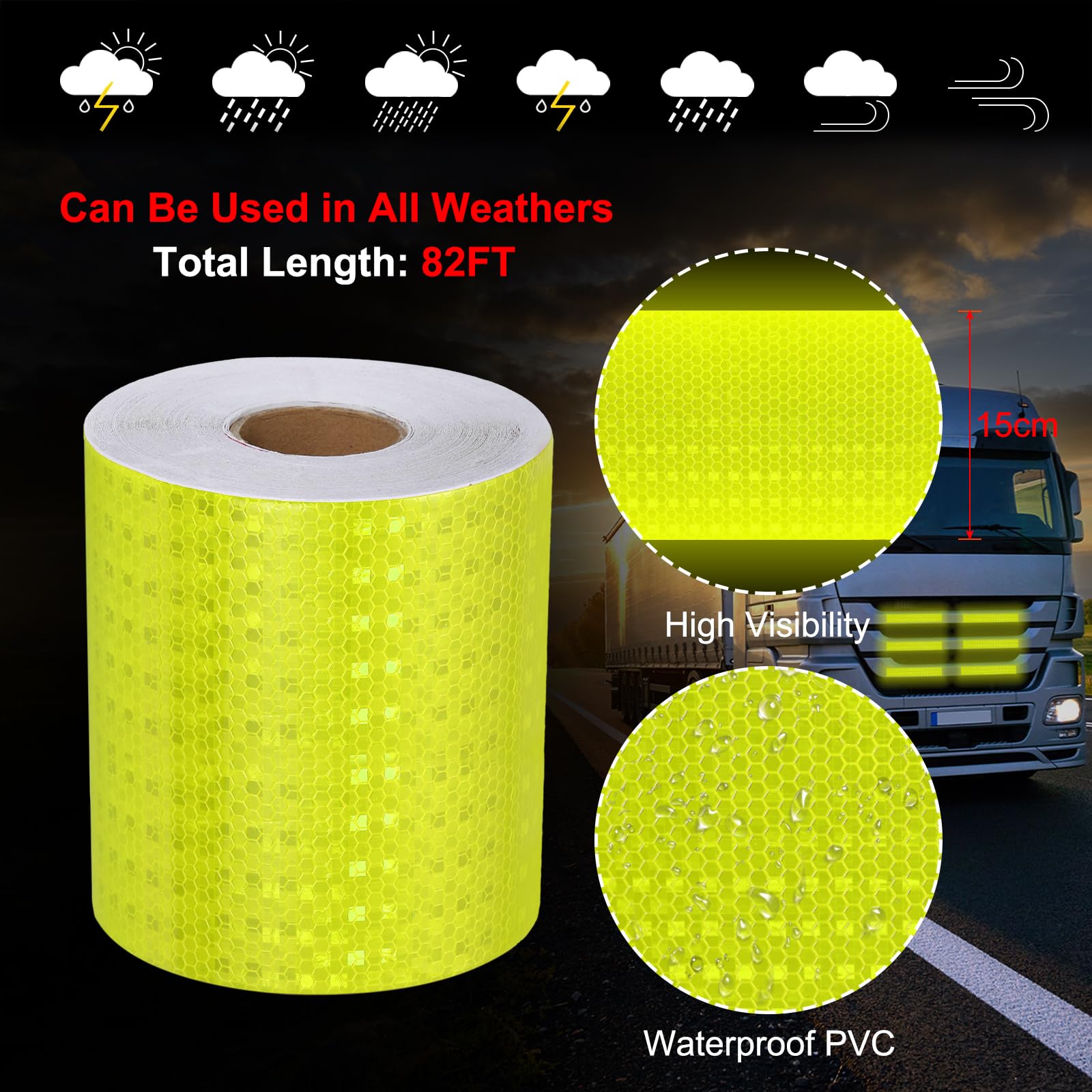 sourcing map Bande réfléchissante - 15,2 cm x 25 m - Bande réfléchissante autocollante pour remorque - Imperméable - Autocollant d'avertissement de sécurité - Réflecteurs de nuit pour voitures et