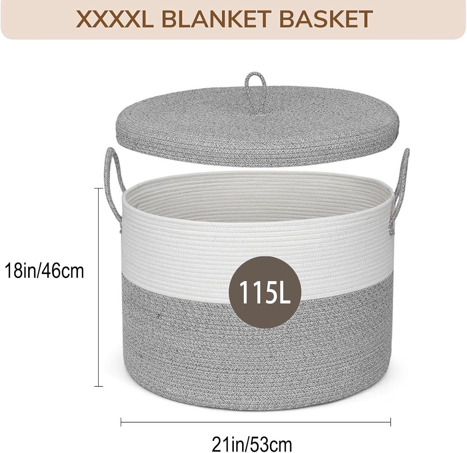 21" x 18" Extra Large storage baskets,Decorative blanket basket with lid for Living room,rope baskets with lid,wicker hamper for bedroom,Big,Round,White & Grey 115L