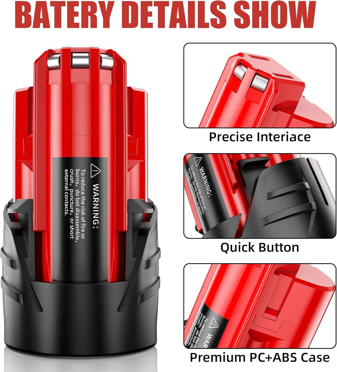 Close-up images of the battery showing precise interface, quick release button, and PC+ABS case material.