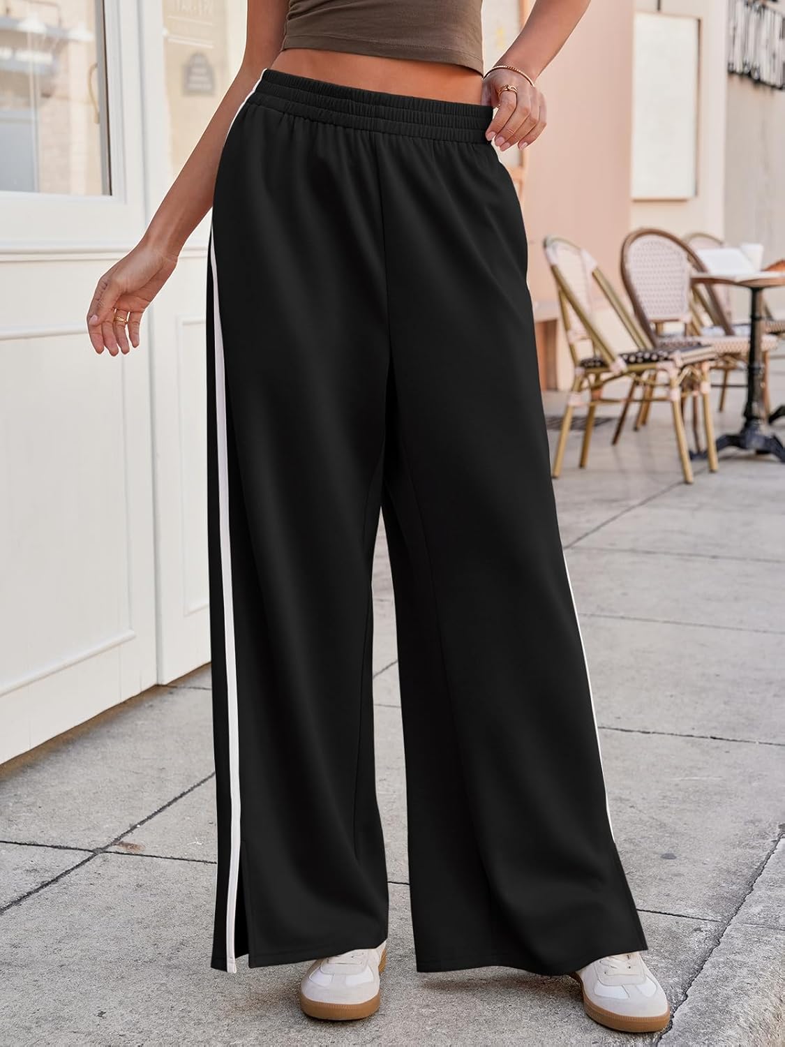 Fisoew Womens Wide Leg Pants Casual Baggy Elastic Waist Side Slit Contrast Stitch Loose Workout Sweat Pants with Pockets - Image 3