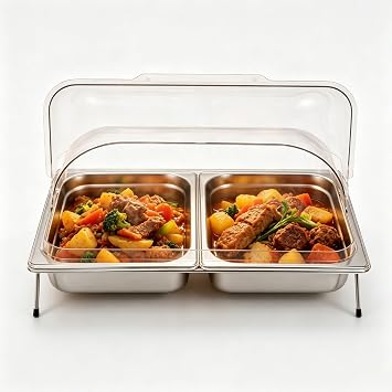 Silver Countertop Food Serving Display Container, 0.79Gal Stainless Steel Catering Supplies Buffet Display, Salad Fruit Trays Restaurant Containers with Lids 2 Pan-with 4 Non-slip Feet