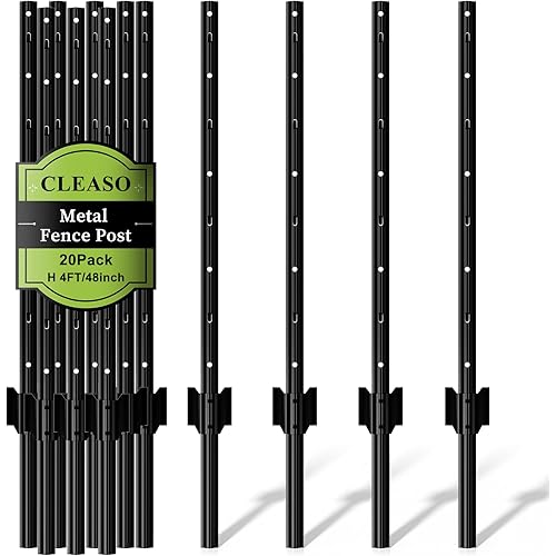 20 Pack Metal Fence Posts, 4ft Heavy Duty U-Post, Black Garden Stakes, No-Dig Post Anchors for Wire Fences, Temporary Fencing, Electric Fence, and Corner Support