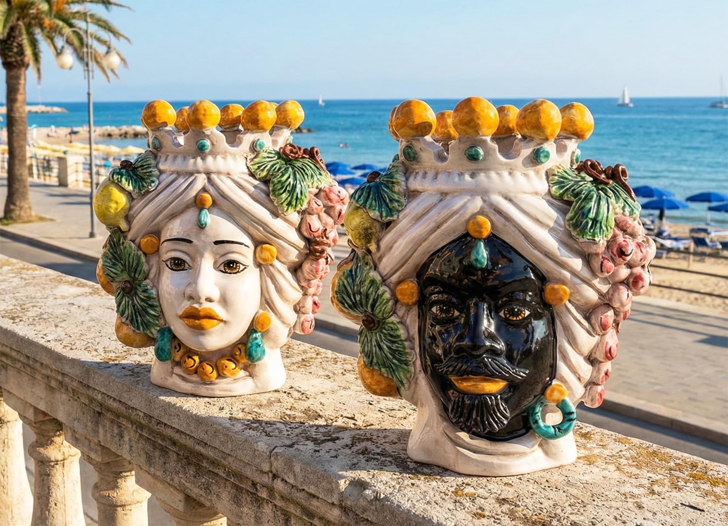 Cabezas de moro de Caltagirone de cerámica siciliana artesanal decoradas a mano con uva h30