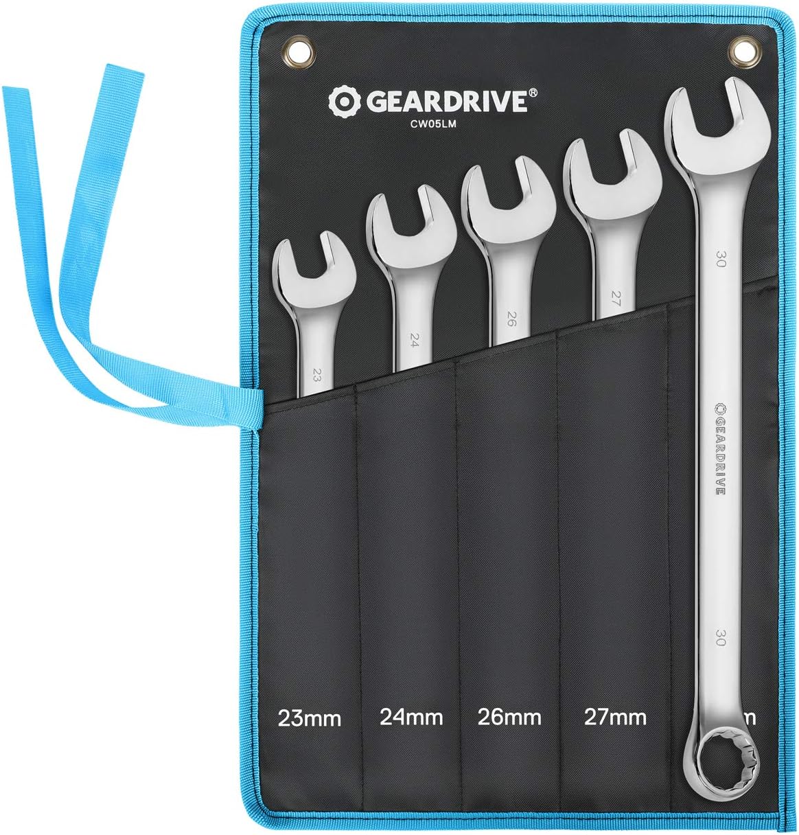 GEARDRIVELong Pattern Combination Wrench Set, Metric, 5-Piece, 23-30mm, 12 Point, Chrome Vanadium Steel, with Pouch