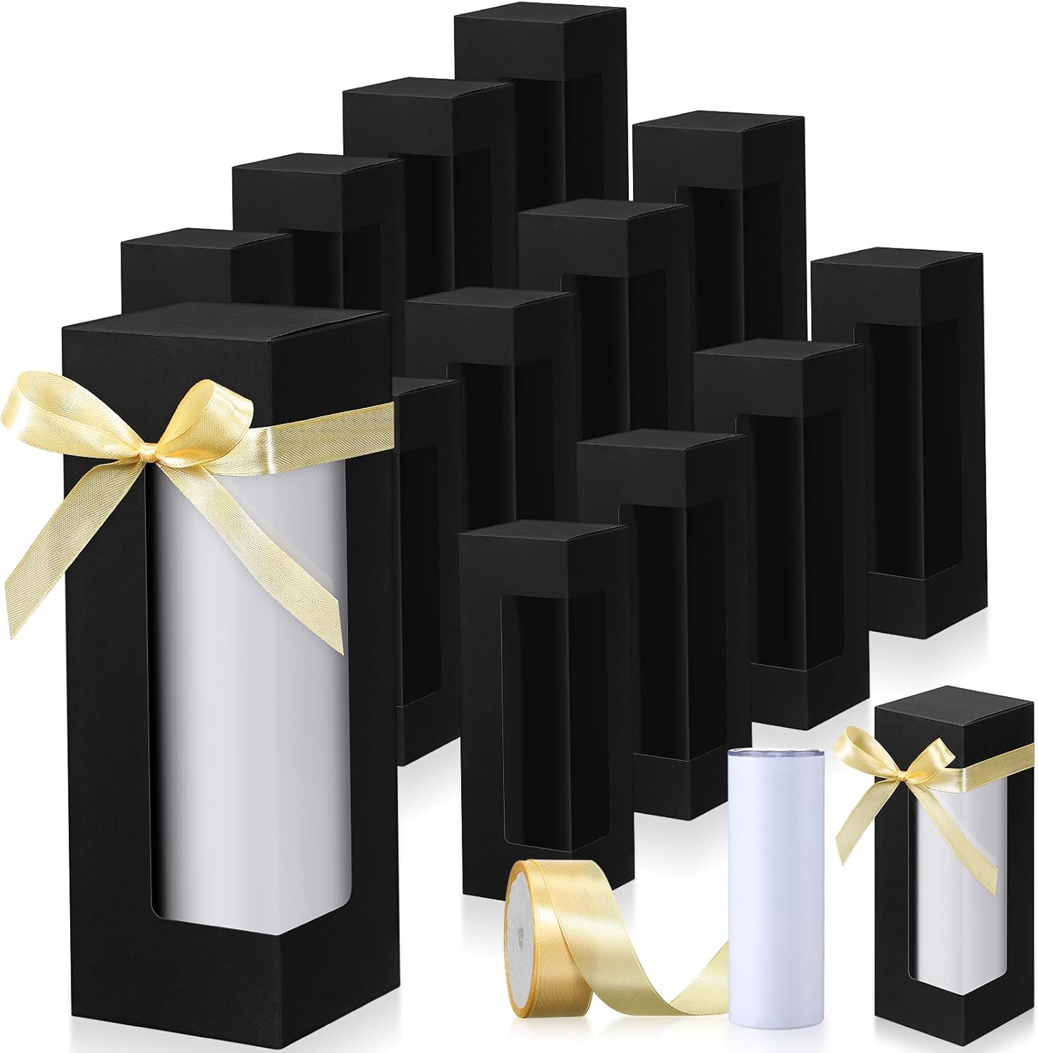 PerKoop 36 Pcs Gift Boxes with Ribbon for Sublimation Tumbler Transparent Exhibition Boxes 12Oz, 20Oz, 30oz Heat Press Skinny Tumbler Gift Wrapping(Black)