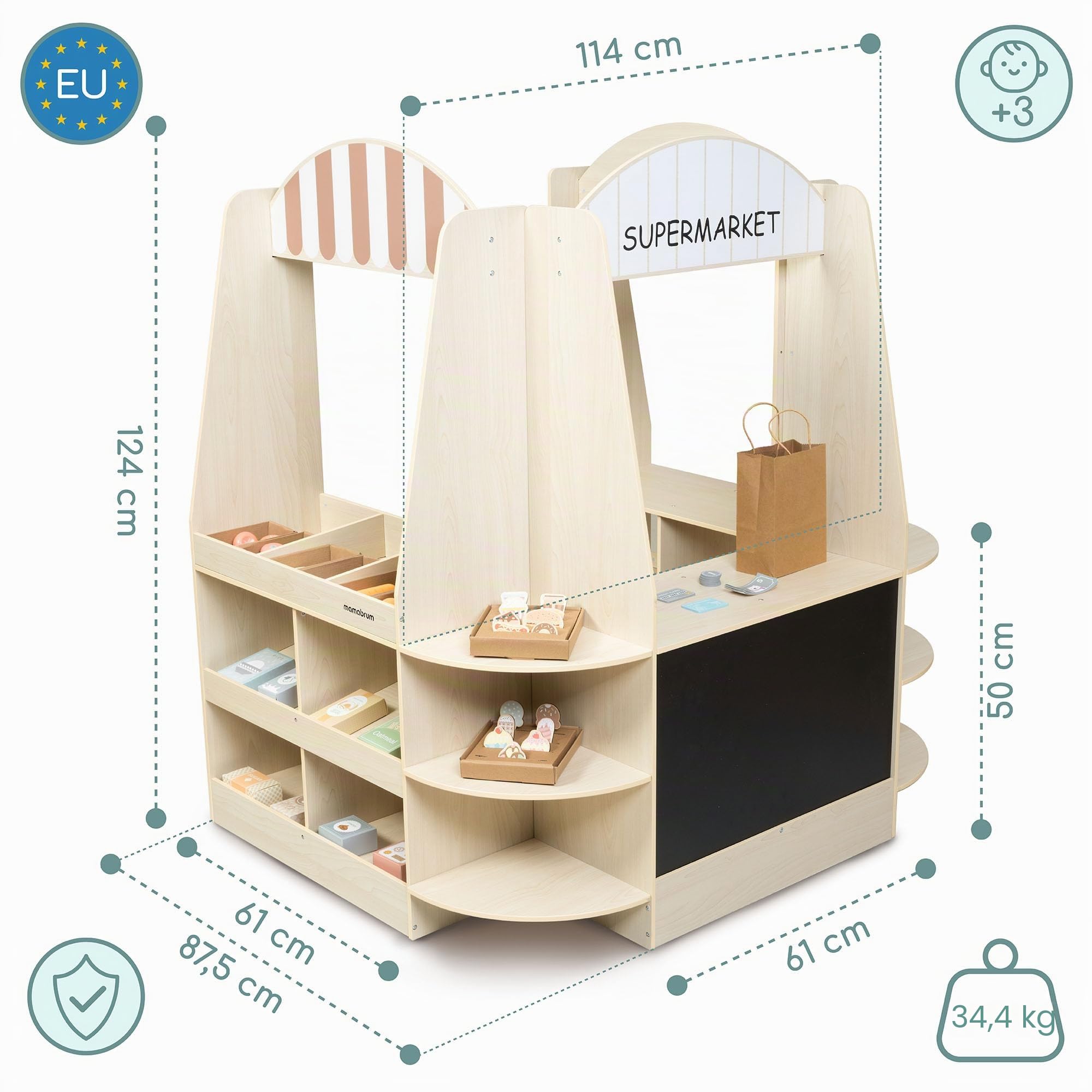 Mamabrum Holz Spielgeschäft– großer Laden mit 91 Teilen für Rollenspiel, Obst, Gemüse, Kasse und Zubehör – kreatives Spiel für Kinder ab 3 Jahren