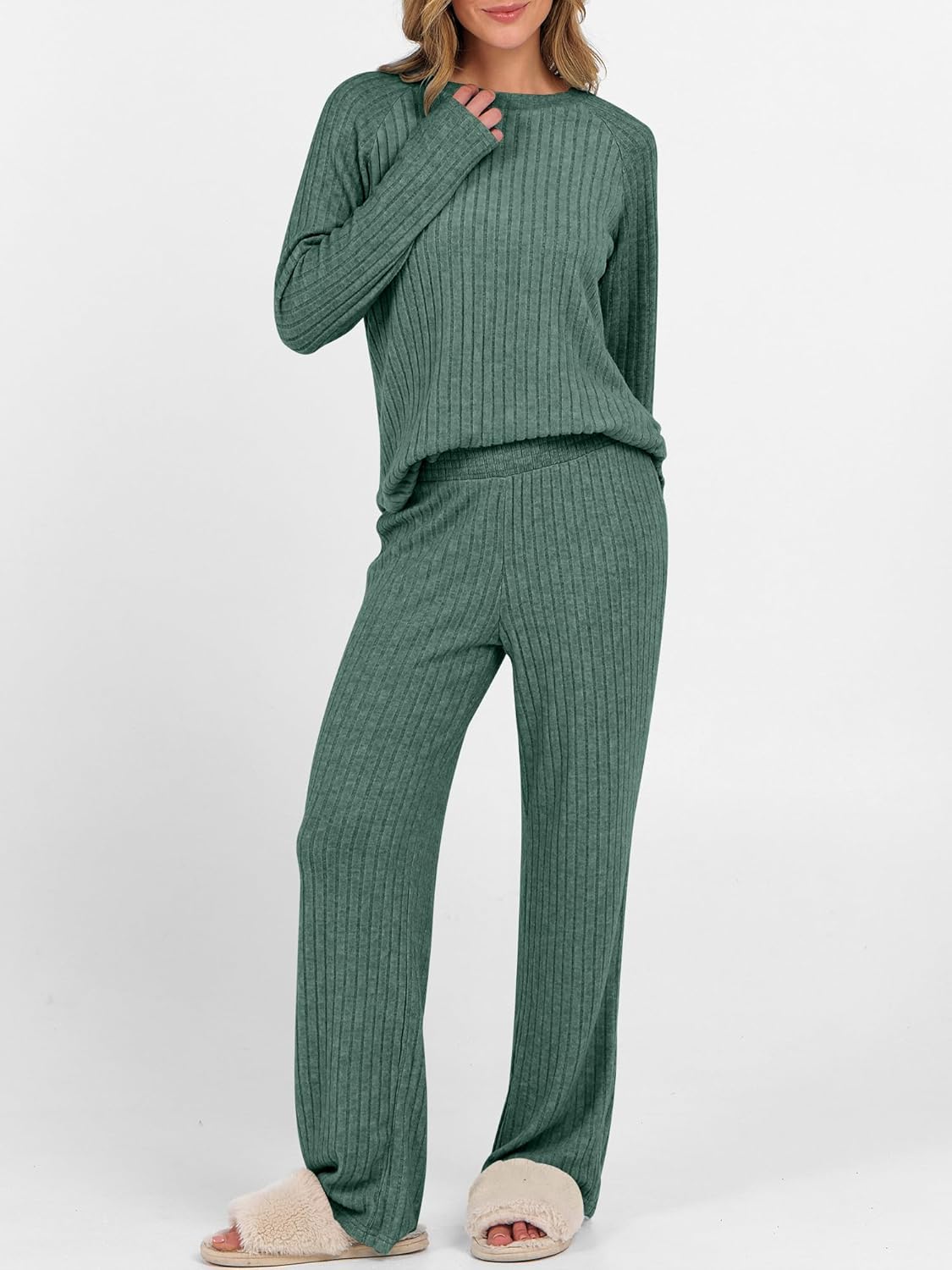 ANRABESS Womens 2 Piece Lounge Pajama Sets Ribbed Knit Long Sleeve Tunic Tops Matching Pants Casual Fall Sleepwear Outfits - Image 3