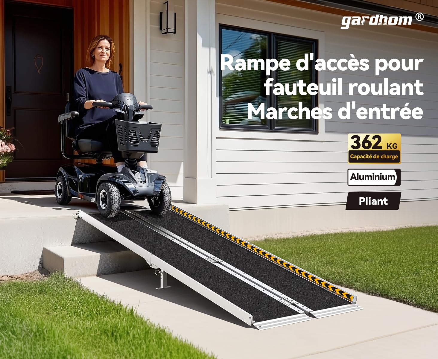 gardhom Rampes pour Fauteuils Roulants 213,5CM, Rampe de Chargement Rampe d'Accès Antidérapante Pliable avec Bordures de Sécurité Max 362KG