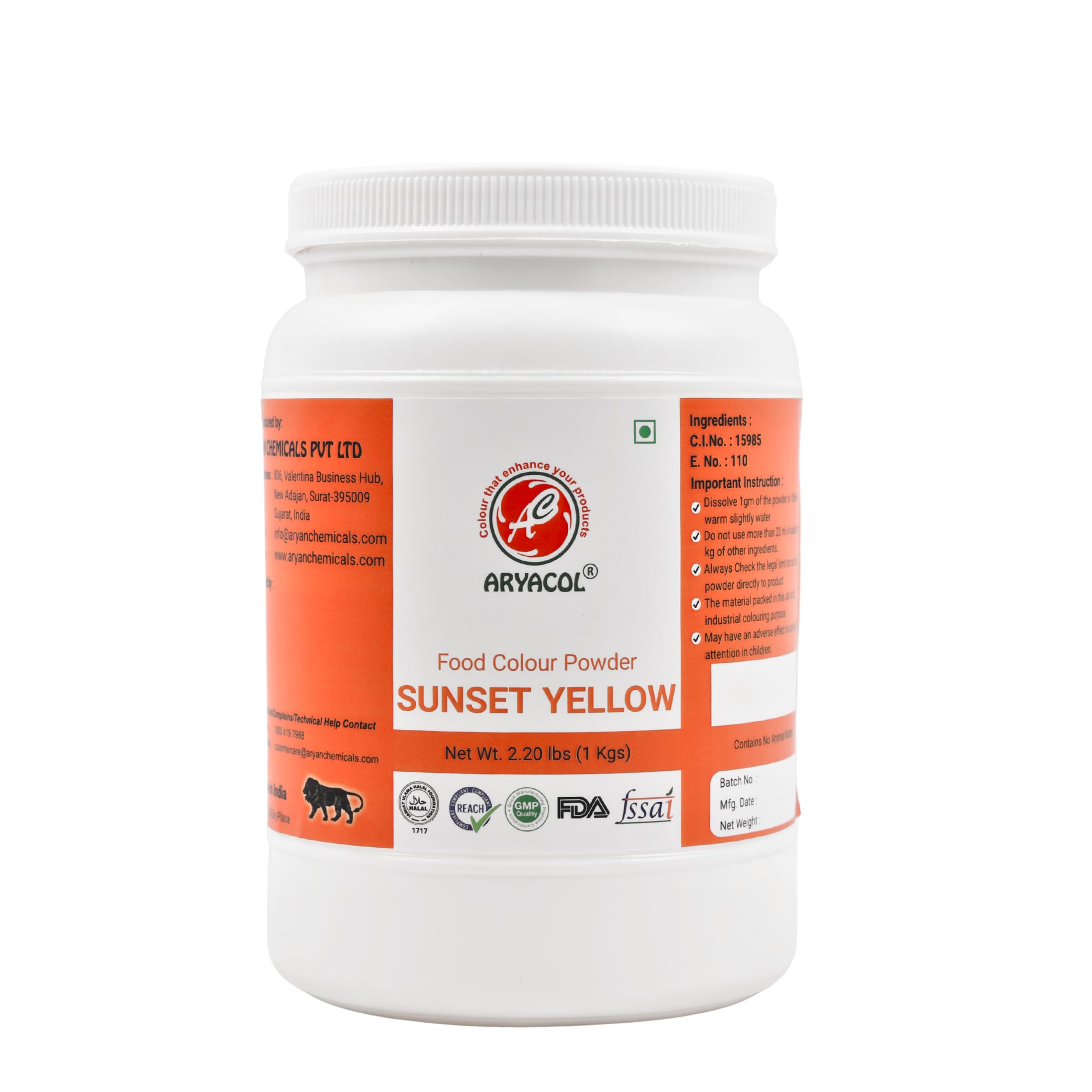 Aryacol Sunset Yellow Fcf Food Color (E110) ? Bright Orange-Red | For Beverages, Bakery, And Confectionery Use. Fssai Certified, Ideal For Industrial And Commercial Applications. 1