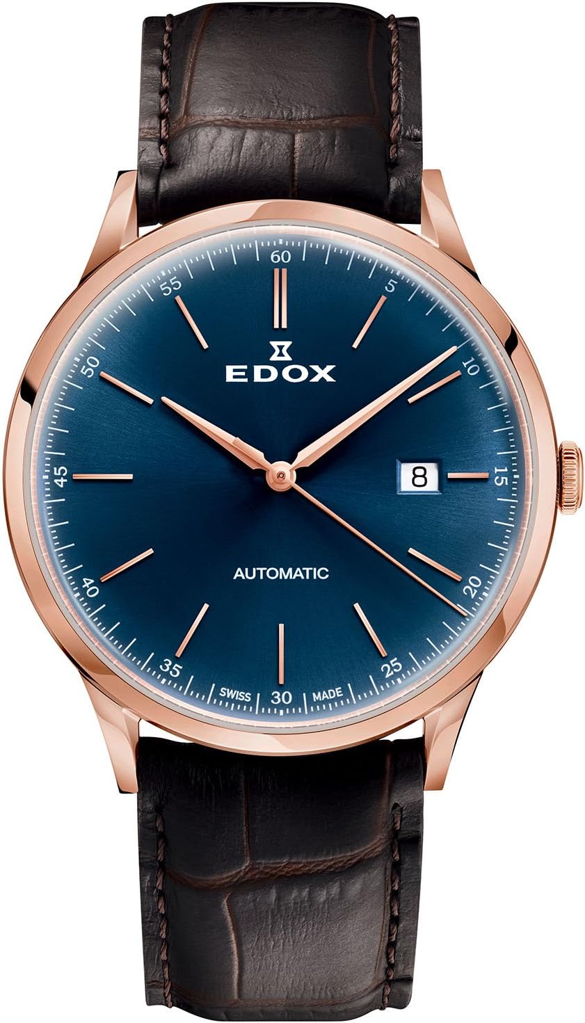 Edox Herren Automatik Analog Armbanduhr Les Vauberts mit Lederarmband Swiss Made