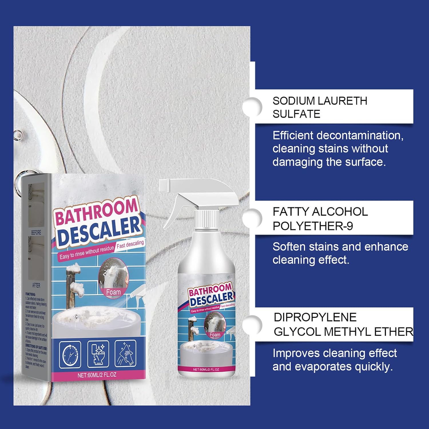 Fafeicy Bathroom Cleaner, Strong Dirt Removal Fast Evaporation Gentle Cleaning 60ml, with Mild Formula for Shower Bathtub Sink Tile (60ml*5)