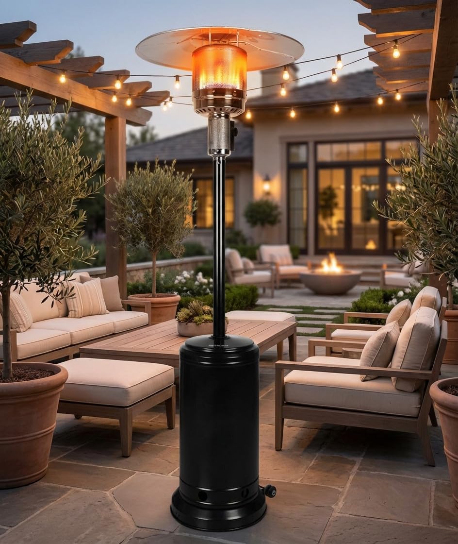 Estufa exterior de gas | Estufa gas para terraza o jardin con ruedas y dispositivo antivuelco | Estufa de gas exterior negra | Estufa Gas Restaurantes | Gas Ajustable 3,5 a 8 kW