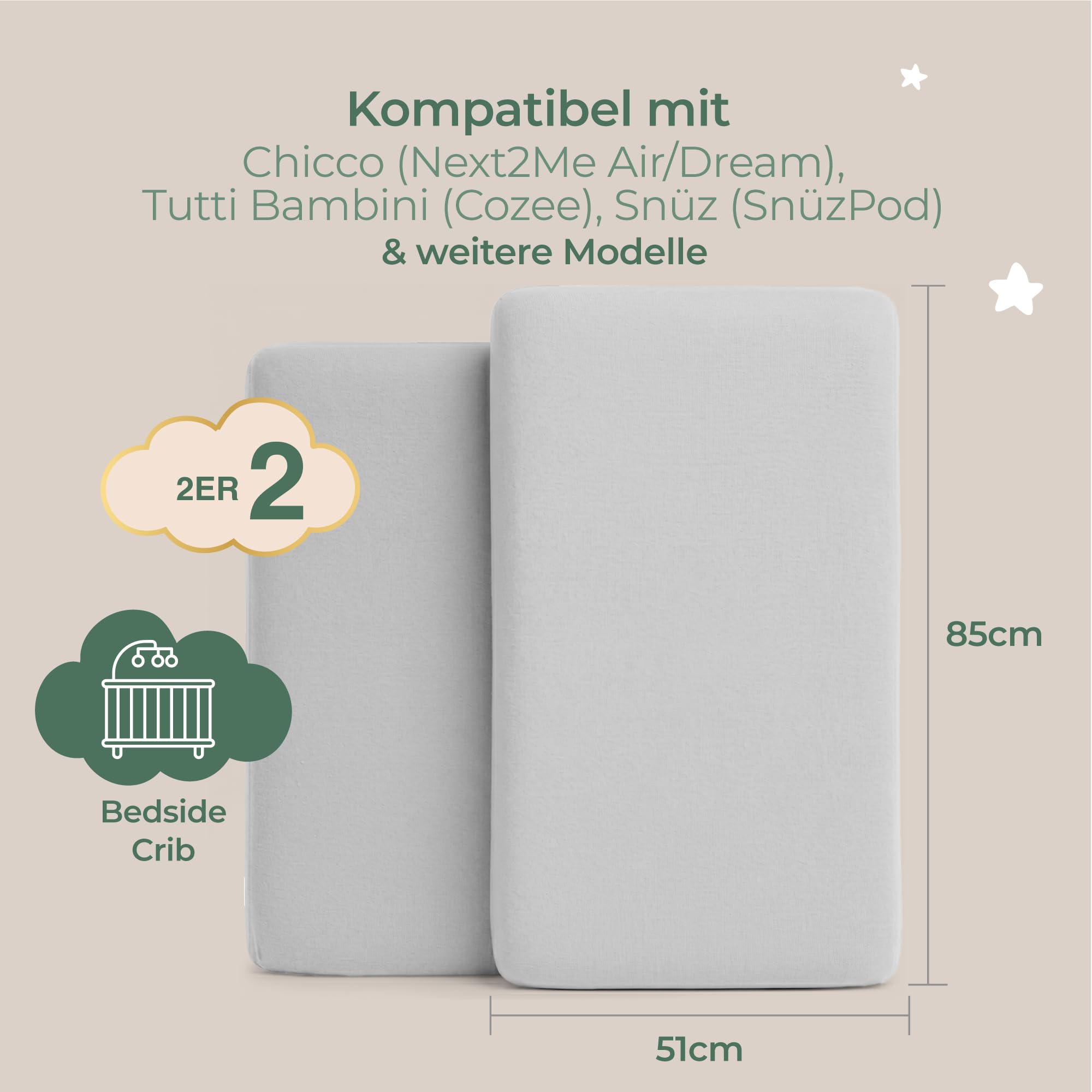 Dreamzie - Baby Spannbettlaken 51x85 cm, 2er-Set, GOTS Bio-Baumwolle Jersey, für Beistellbett und Tutti Bambini CoZee, Grau