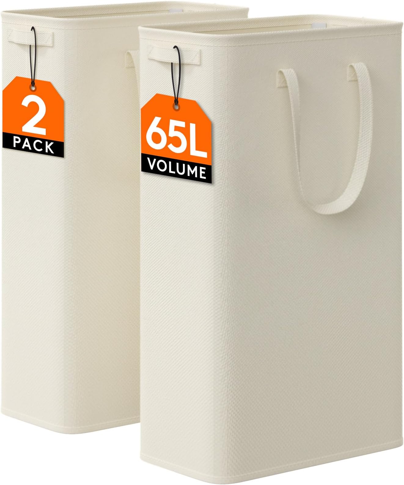 Lifewit 2 Pack Slim Laundry Hamper with Handles, 65L, White | Narrow Small Laundry Basket for Dirty Clothes, Thick Waterproof Fabric, Tall Thin Laundry Bin for Bathroom, Dorm, RV, Corner