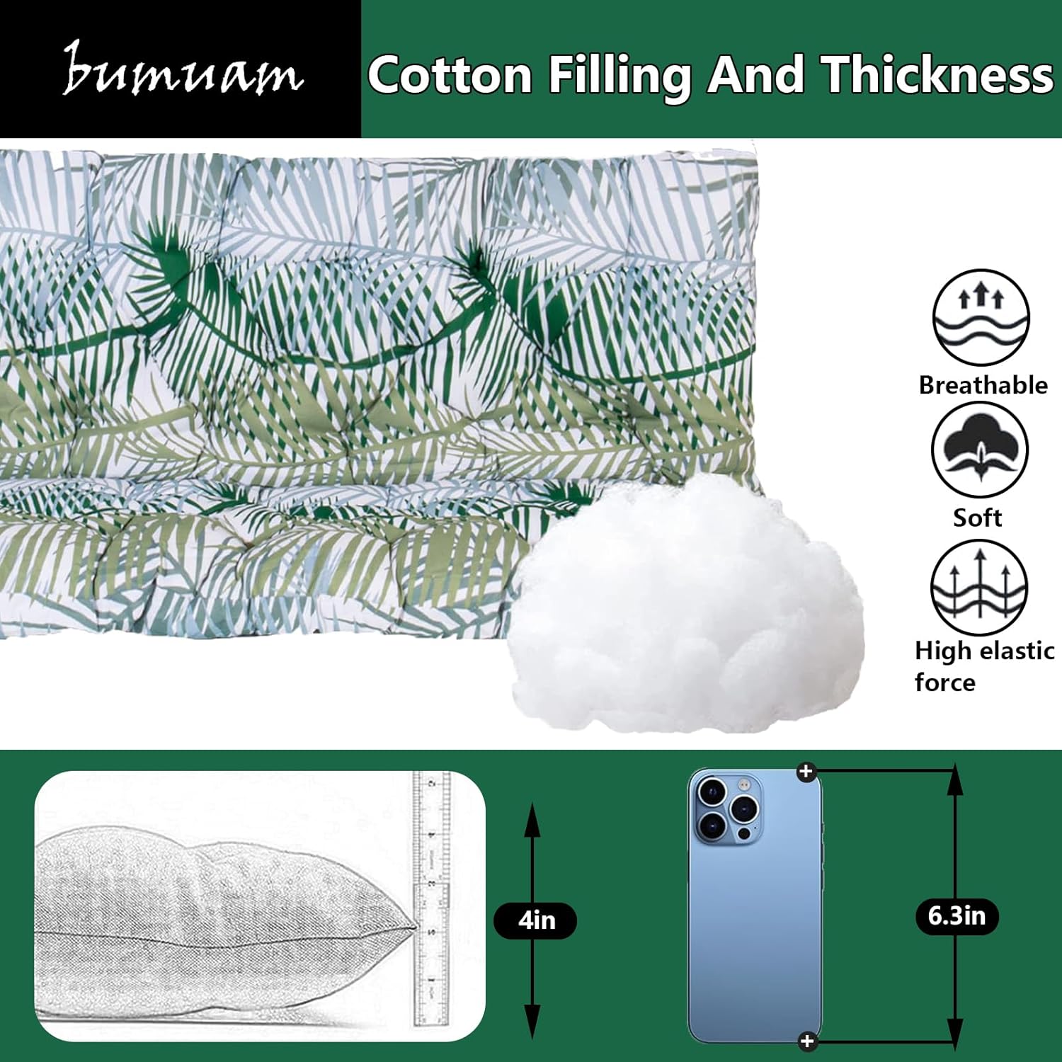 Waterproof Porch Swing Cushions, Replacement Cushions for Swing, Bench Cushions for Outdoor Furniture, Thickened Polyester Fabric Benches Cushion with Ties for Patio Garden(Bamboo leaves 60x40in)