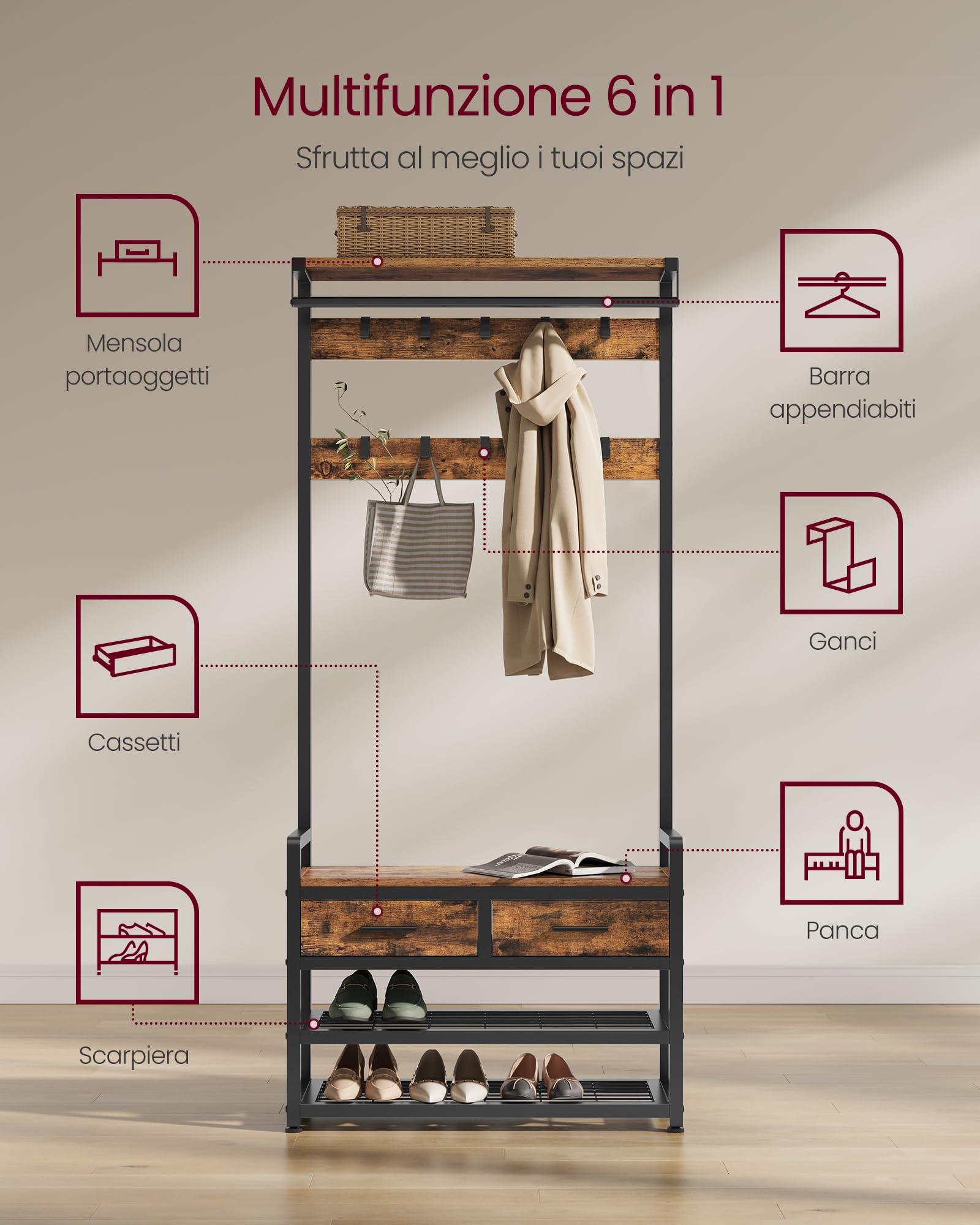 VASAGLE Appendiabiti da Ingresso, Mobile da Ingresso con 10 Ganci Rimovibili, 2 Cassetti, Panca Scarpiera, Design Separabile, 30 x 80,4 x 181,6 cm, Marrone Vintage e Nero Inchiostro HSR429B01