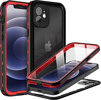 BEASTEK Waterproof Case for iPhone 12 Case,TRE Series Shockproof Dustproof Underwater IP68 Case with Built-in Screen Protector Full Body Protective Cover, for iPhone 12 6.1 Red/Clear