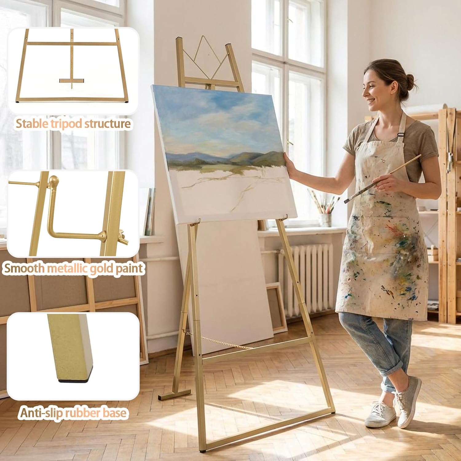 FOCHIER F Gold Easel Stand with Upgraded I-Beam Base for Wedding Sign, Heavy Duty Metal Display Easel Stand for Art,Welcome Sign,Posters,Pictures,Welcome Sign, and Floor Décor